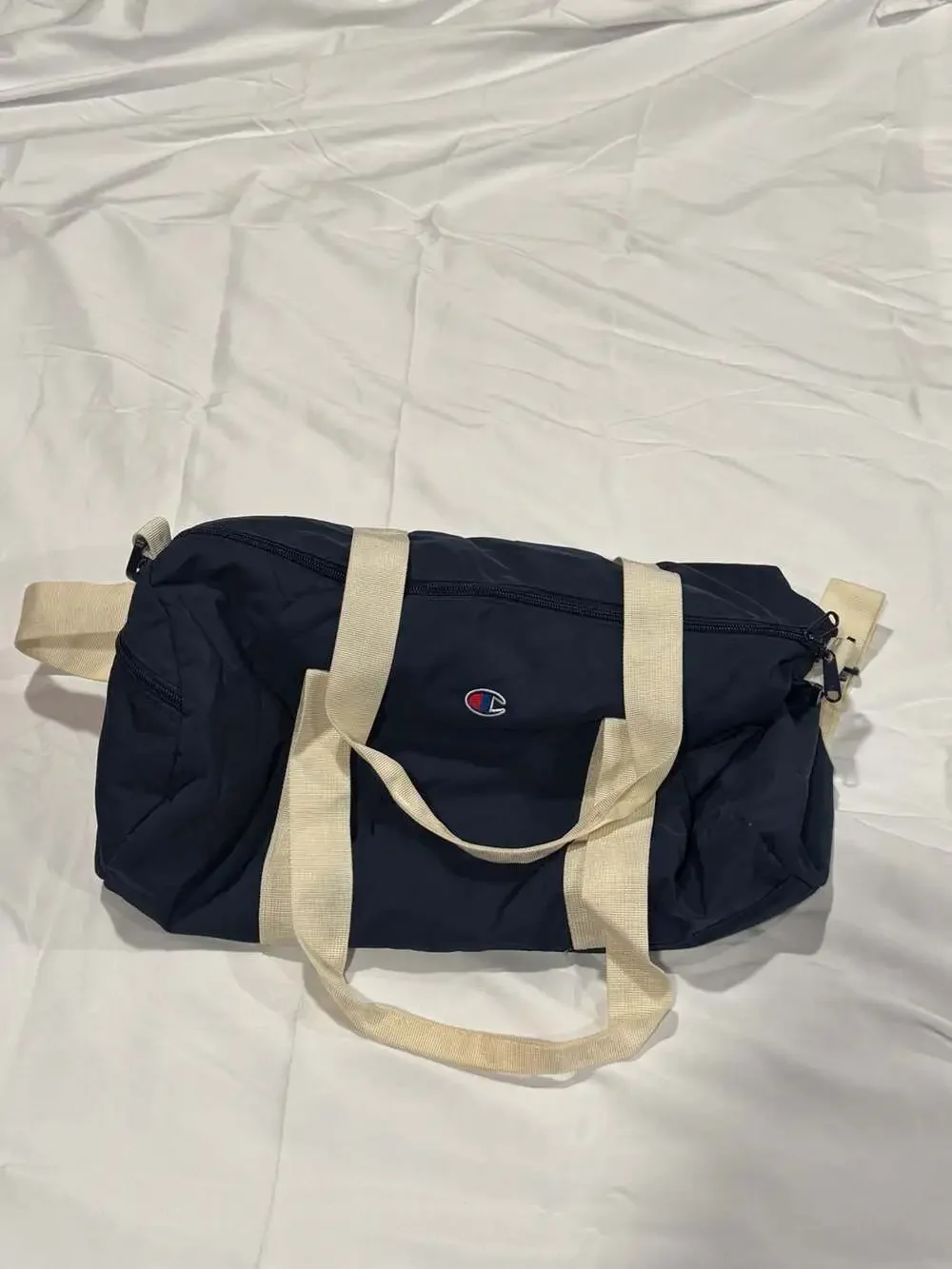Champion Navy Blue and Cream Canvas Duffle Gym Bag with Adjustable Strap
